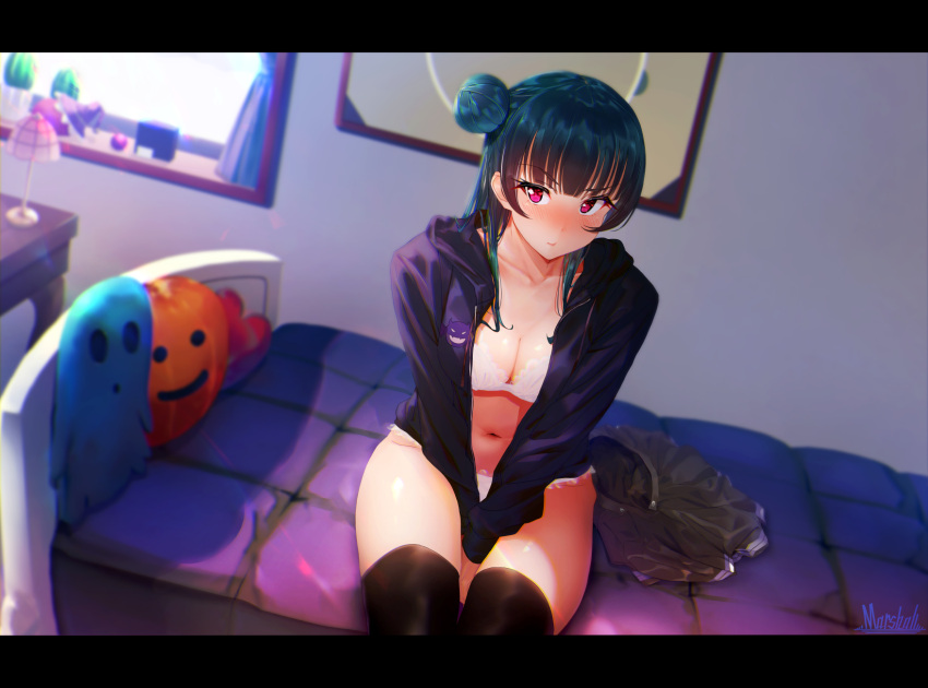 1girl artist_name badge bangs bed between_legs black_jacket black_legwear blue_hair blush bra breasts button_badge cleavage commentary_request hand_between_legs highres hood hood_down hooded_jacket indoors jacket letterboxed long_hair long_sleeves love_live! love_live!_sunshine!! marshall_(wahooo) medium_breasts navel no_pants no_shirt on_bed painting_(object) panties pillow side_bun sitting sitting_on_bed skirt skirt_removed solo thigh-highs tsushima_yoshiko underwear violet_eyes white_bra white_panties window