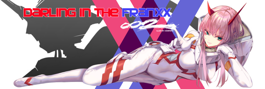 1girl absurdres artist_name bangs bodysuit breasts character_name copyright_name covered_navel darling_in_the_franxx eyebrows_visible_through_hair full_body green_eyes head_rest highres horns incredibly_absurdres kooemong large_breasts long_hair lying on_side pink_hair red_horns smile solo white_bodysuit zero_two_(darling_in_the_franxx)