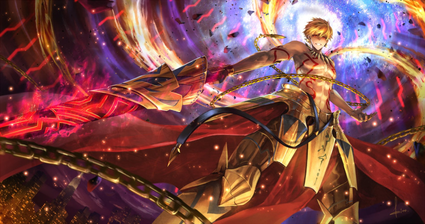 1boy armor aura blonde_hair bracelet chains charging cityscape ea_(fate/stay_night) earrings fate/grand_order fate_(series) gilgamesh gloves glowing glowing_eyes gold gold_trim grin highres holding jewelry kito_(kito2) light_particles looking_at_viewer male_focus necklace night red_eyes shirtless short_hair signature smile solo sword tattoo toned weapon