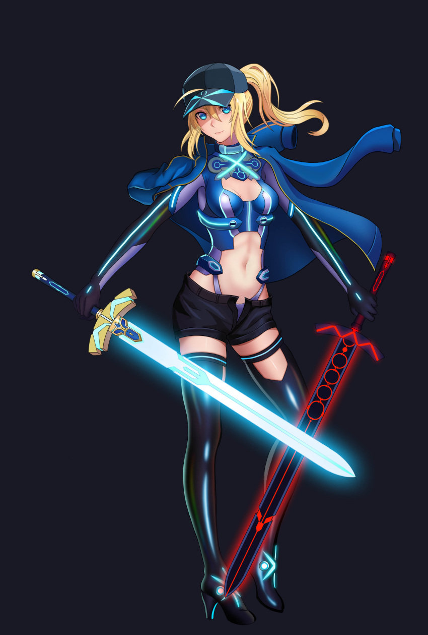 1girl absurdres ahoge artoria_pendragon_(all) black_background black_hat black_legwear black_shorts blonde_hair blue_eyes blue_jacket breasts cleavage cleavage_cutout dark_excalibur dual_wielding excalibur fate/grand_order fate_(series) floating_hair full_body hair_between_eyes hat high_heels highres holding holding_sword holding_weapon jacket jacket_removed long_hair looking_at_viewer midriff mysterious_heroine_x navel open_clothes open_fly open_shorts peaked_cap ponytail short_shorts shorts simple_background small_breasts smile solo standing stomach sword thigh-highs weapon zhao_shixuan