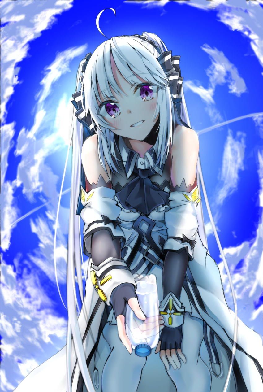 1girl ahoge ascot black_gloves black_neckwear blue_sky blush bottle bow clouds day detached_sleeves elbow_gloves eyebrows_visible_through_hair fingerless_gloves from_below gloves grin hair_bow hand_on_own_knee head_tilt highres holding holding_bottle leaning_forward long_hair looking_at_viewer lyrical_nanoha outdoors pantyhose pantyhose_under_shorts rinne_berlinetta sankee silver_hair skirt sky smile solo striped striped_bow twintails very_long_hair violet_eyes vivid_strike! water_bottle white_legwear white_skirt