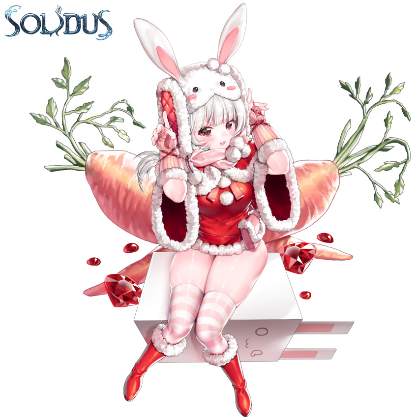 1girl :d animal_ears animal_hat arms_up blush boots bunny_hat capelet carrot character_request commentary copyright_name dress fingerless_gloves fingernails fur-trimmed_boots fur-trimmed_capelet fur-trimmed_dress fur-trimmed_gloves fur-trimmed_sleeves fur_trim gloves hat highres ia_(ias1010) knee_boots long_hair open_mouth pink_gloves pink_scarf pom_pom_(clothes) rabbit_ears red_capelet red_dress red_eyes red_footwear ruby_(stone) scarf short_sleeves silver_hair sitting skindentation smile solidus solo striped striped_legwear thigh-highs thighhighs_under_boots white_background wide_sleeves