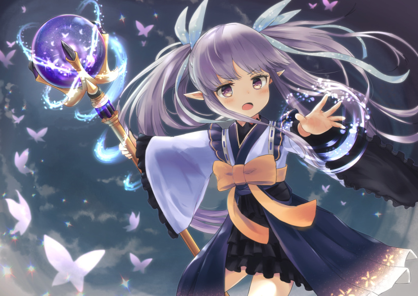 1girl arms_at_sides bug butterfly commentary_request dargo elf hair_ribbon hikawa_kyoka holding holding_staff insect japanese_clothes long_hair long_sleeves magic open_mouth pointy_ears princess_connect! princess_connect!_re:dive purple_hair ribbon simple_background solo staff twintails violet_eyes water