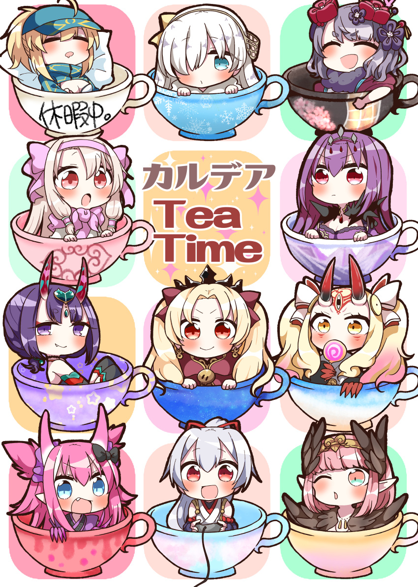 6+girls :d :o =_= ^_^ absurdres ahoge ainu_clothes anastasia_(fate/grand_order) artoria_pendragon_(all) bangs baseball_cap bikini_top black_bow black_legwear blonde_hair blue_eyes blue_hat blush bow brown_eyes brown_wings candy cape carnival_phantasm chibi circe_(fate/grand_order) closed_eyes closed_mouth commentary_request controller covered_mouth cup cute dragon_horns dress earrings elizabeth_bathory_(fate) elizabeth_bathory_(fate)_(all) emiya-san_chi_no_kyou_no_gohan ereshkigal_(fate/grand_order) eyebrows_visible_through_hair facial_mark fang fate/extra fate/grand_order fate/kaleid_liner_prisma_illya fate/stay_night fate_(series) feathered_wings food forehead_mark fur_collar game_controller hair_between_eyes hair_bow hair_over_one_eye hair_ribbon hair_through_headwear hair_tubes hairband hat head_wings headpiece heart high_ponytail highres holding holding_food horns huge_filesize ibaraki_douji_(fate/grand_order) ibaraki_douji_(swimsuit_lancer)_(fate) illyasviel_von_einzbern in_container in_cup infinity jako_(jakoo21) japanese_clothes jewelry katsushika_hokusai_(fate/grand_order) kimono lollipop long_hair looking_at_viewer minigirl multicolored_hair multiple_girls mysterious_heroine_xx_(foreigner) one_eye_closed oni oni_horns open_mouth parted_bangs parted_lips pink_bow pink_hair pink_hairband pointy_ears ponytail purple_dress purple_hair purple_kimono red_bow red_cape red_eyes red_ribbon ribbon scathach_(fate)_(all) scathach_skadi_(fate/grand_order) short_eyebrows shuten_douji_(fate/grand_order) shuten_douji_(halloween)_(fate) silver_hair sitonai skull sleeping sleeveless sleeveless_kimono smile snowflake_print sparkle star streaked_hair swirl_lollipop teacup thick_eyebrows thigh-highs tiara tohsaka_rin tomoe_gozen_(fate/grand_order) twintails two_side_up v-shaped_eyebrows violet_eyes white_bikini_top white_bow white_hair white_kimono wings