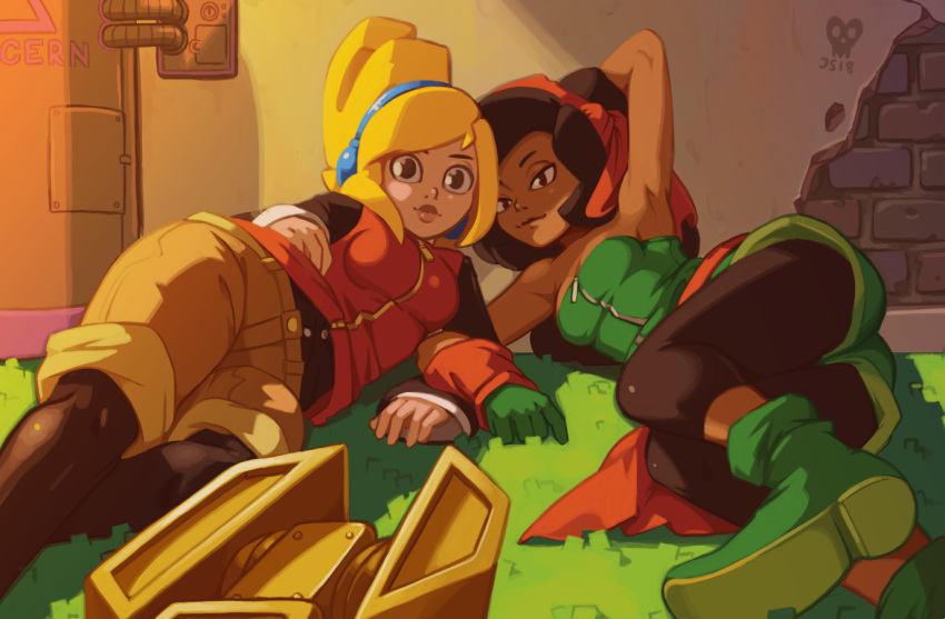 2girls ankle_boots arm_warmers armpits bandanna bare_shoulders black_hair black_legwear blonde_hair boots breasts brown_eyes commentary culottes dark_skin english_commentary full-length_zipper gloves green_gloves headphones joakim_sandberg locked_arms long_hair looking_at_viewer lying mina_(the_iconoclasts) multiple_girls official_art on_side oversized_object pantyhose raglan_sleeves robin_(the_iconoclasts) sash shorts small_breasts strapless the_iconoclasts updo wrench zipper