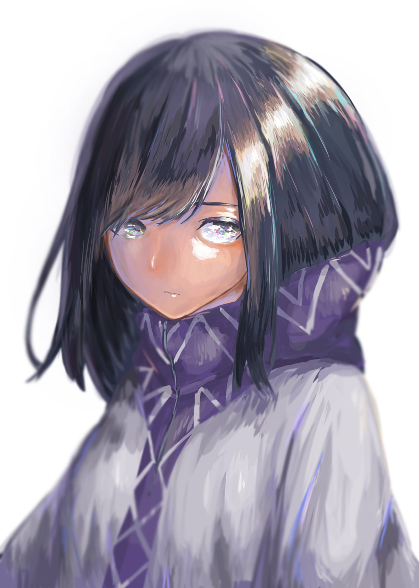 1girl bangs black_eyes black_hair blurry character_request copyright_request depth_of_field gurigore_shabi highres hood long_hair looking_at_viewer serious shiny shiny_hair simple_background solo swept_bangs upper_body white_background