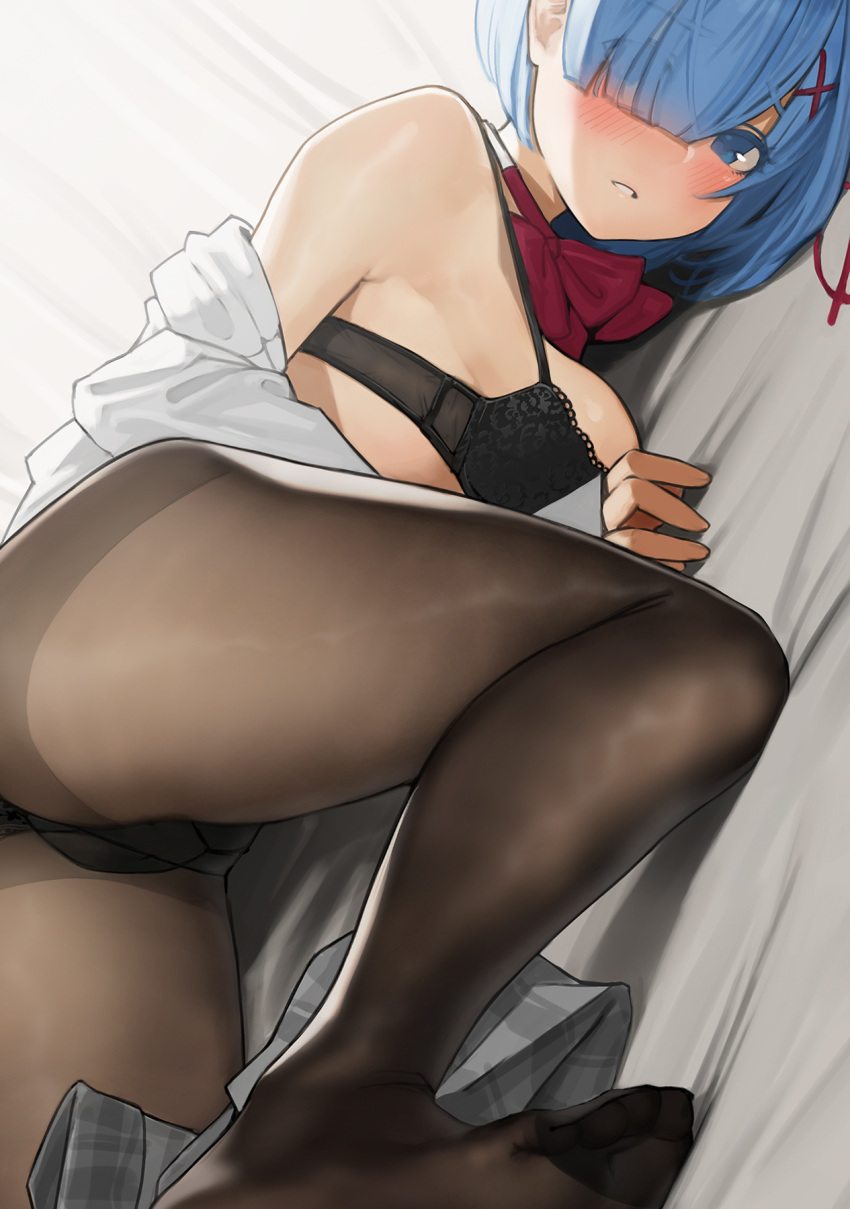 1girl bangs black_bra black_legwear black_panties blue_hair blush bra breasts dress_shirt embarrassed eyebrows_visible_through_hair feet gusset highres lingerie long_sleeves looking_at_viewer lying medium_breasts open_clothes open_shirt panties pantyhose parted_lips re:zero_kara_hajimeru_isekai_seikatsu red_neckwear rem_(re:zero) shirt short_hair skirt skirt_removed solo underwear yomu_(sgt_epper)