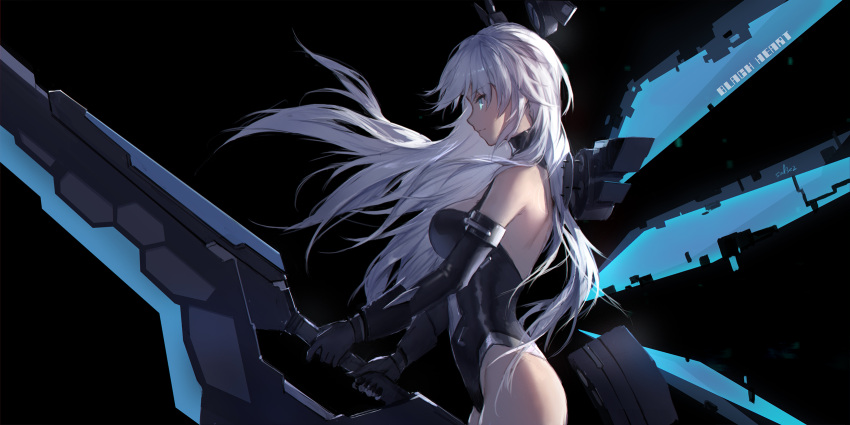1girl aqua_eyes bangs bare_shoulders black_background black_gloves black_heart black_leotard breasts closed_mouth cowboy_shot elbow_gloves expressionless eyebrows_visible_through_hair floating_hair from_side gloves groin halterneck highres holding holding_sword holding_weapon large_breasts leotard long_hair neptune_(series) profile sidelocks simple_background solo standing swd3e2 sword thighs weapon white_hair wings