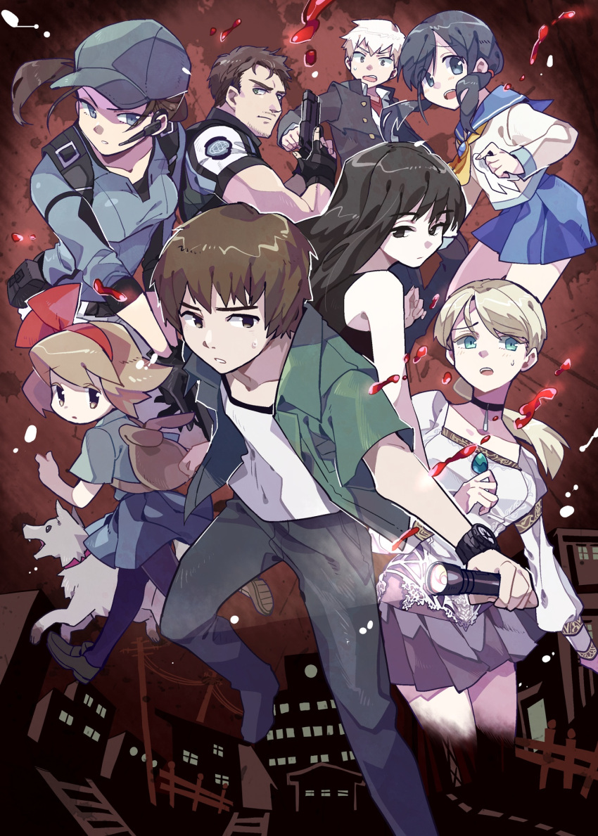 3boys 5girls animal_ears bag baseball_cap black_hair blonde_hair blood blood_splatter blue_eyes brown_hair building chris_redfield corpse_party demento dog earpiece fal0811 fence fiona_belli flashlight gloves gun hair_ribbon handgun hat highres holding holding_gun holding_weapon jacket jill_valentine kajiro_miyako kishinuma_yoshiki loafers long_hair multiple_boys multiple_girls open_clothes open_jacket pleated_skirt ponytail power_lines protagonist_(yomawari) rabbit_ears red_ribbon resident_evil resident_evil_5 ribbon road school_uniform serafuku shinozaki_ayumi shirt shoes short_hair shoulder_bag siren skirt trait_connection trigger_discipline watch watch weapon white_shirt yomawari yomawari:_night_alone