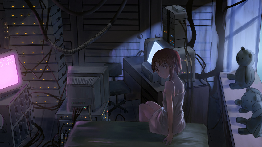1girl asymmetrical_bangs asymmetrical_hair bangs bed brown_eyes brown_hair cabinet cable catzz chair commentary_request computer dark desk door hair_ornament highres indoors iwakura_lain looking_at_viewer looking_back monitor moonlight night nightgown office_chair room serial_experiments_lain short_hair sitting solo stuffed_animal stuffed_toy teddy_bear white_nightgown wooden_floor x_hair_ornament