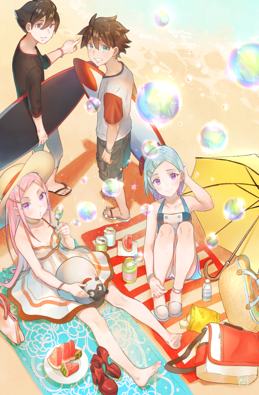 2boys 2girls anemone_(eureka_seven) barefoot beach black_shirt blue_hair bomhat bracelet breasts brown_hair brown_shorts collarbone day dominic_sorel dress eureka eureka_seven eureka_seven_(series) from_above hair_ornament hairclip hand_in_hair hat hat_ribbon highres jewelry long_hair looking_at_viewer looking_back looking_up multiple_boys multiple_girls outdoors panties pantyshot pantyshot_(sitting) pink_hair red_ribbon red_sleeves renton_thurston ribbon shirt shoes_removed short_hair shorts sitting small_breasts smile sun_hat sundress underwear violet_eyes white_panties white_shirt yellow_hat yellow_umbrella