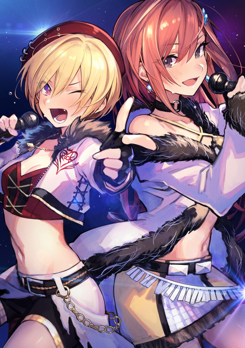2girls arisugawa_natsuha beret blonde_hair blush breasts brown_eyes brown_hair chains choker cleavage collarbone cropped_jacket earrings fang fingerless_gloves fur_trim gloves hair_ornament hairclip hat highres idolmaster idolmaster_shiny_colors jacket jewelry long_hair looking_at_another looking_at_viewer looking_to_the_side medium_breasts mephist-pheles microphone midriff multiple_girls navel necklace one_eye_closed open_mouth pink_eyes pointing pointing_at_viewer saijou_juri short_shorts shorts skirt smile tank_top