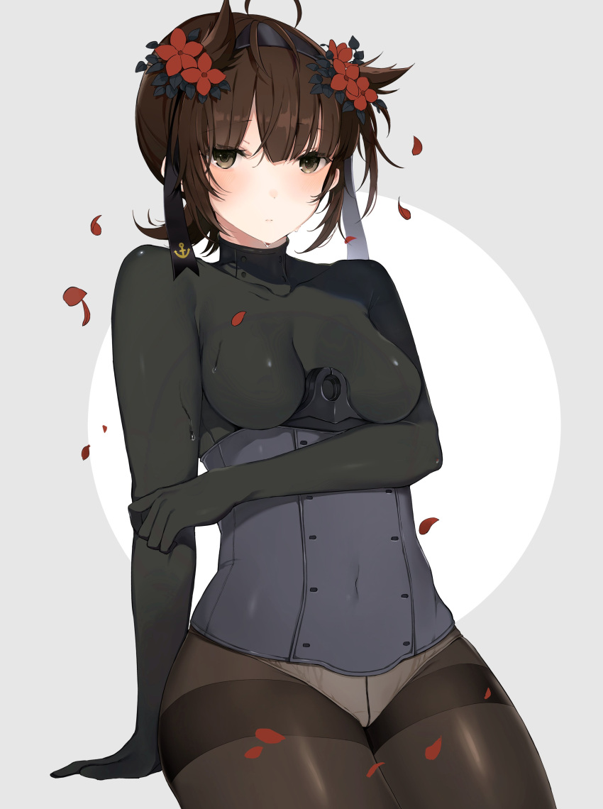 1girl absurdres ahoge anchor_symbol arm_support between_breasts black_bodysuit black_headband blush bodysuit breasts brown_eyes brown_hair closed_mouth collarbone corset covered_collarbone covered_navel embarrassed flower grey_background hair_flower hair_ornament hand_on_own_arm hatsuzuki_(kantai_collection) headband highres kantai_collection looking_at_viewer oniku_(oishii_oniku) panties pantyhose shiny shiny_clothes short_hair sitting skin_tight small_breasts solo thighband_pantyhose two-tone_background underwear white_background white_panties