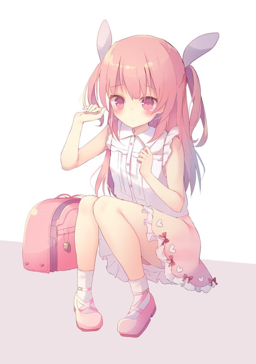 1girl absurdres backpack bag bangs bare_arms bare_shoulders blush closed_mouth collared_shirt eyebrows_visible_through_hair frilled_skirt frills hands_up heart highres long_hair original pink_footwear pink_skirt randoseru red_eyes redhead shirt shoes sitting skirt sleeveless sleeveless_shirt socks solo tears tsuruse two_side_up very_long_hair white_legwear white_shirt