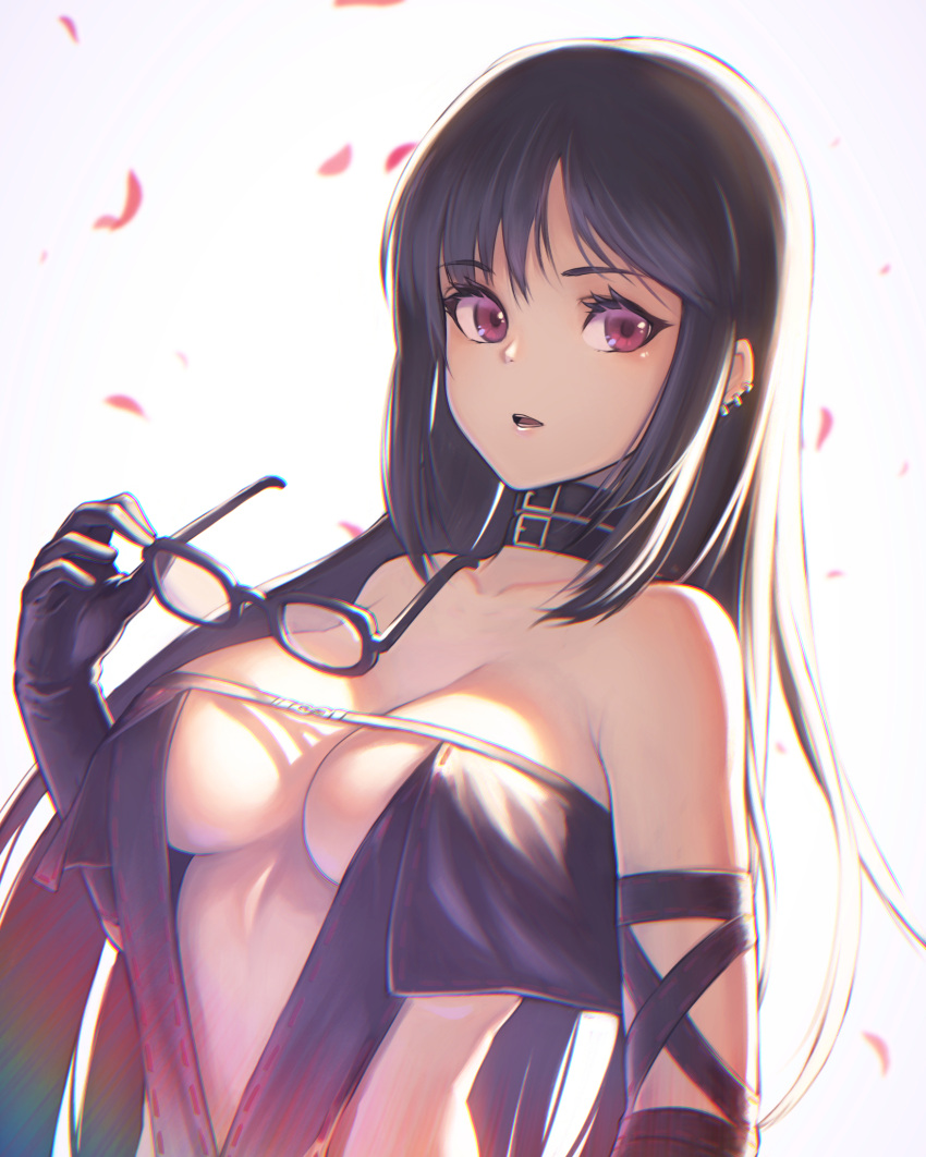 1girl bangs bare_shoulders black_dress black_gloves black_hair breasts center_opening choker collarbone commentary_request consort_yu_(fate) dress ear_piercing elbow_gloves eyewear_removed fate/grand_order fate_(series) glasses gloves highres holding holding_eyewear itaco1987 jewelry large_breasts long_hair looking_to_the_side parted_lips petals piercing red_eyes solo strapless strapless_dress upper_body
