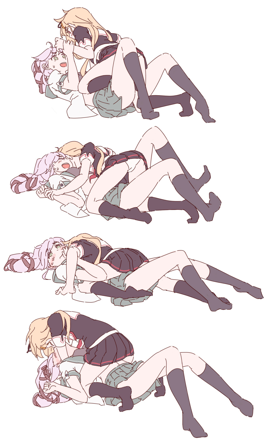 2girls absurdres black_legwear black_ribbon black_serafuku black_skirt blonde_hair blush commentary_request green_eyes hair_flaps hair_ornament hair_ribbon hairclip highres kantai_collection kiss kneehighs kneeling long_hair lying mikeco multiple_girls neckerchief open_mouth panties pink_hair pleated_skirt ponytail push_down remodel_(kantai_collection) ribbon round_teeth school_uniform serafuku side_ponytail simple_background skirt smile straight_hair sweatdrop teeth underwear very_long_hair white_background white_panties wrist_grab yura_(kantai_collection) yuri yuudachi_(kantai_collection)