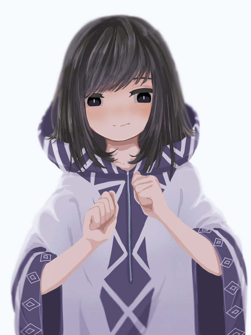 1girl bangs black_eyes black_hair blurry blush character_request clenched_hands copyright_request depth_of_field gurigore_shabi hands_up highres hood long_hair long_sleeves looking_at_viewer no_nose simple_background solo upper_body white_background wide_sleeves zipper zipper_pull_tab