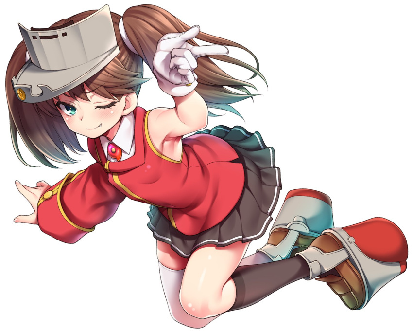1girl adapted_costume asymmetrical_clothes asymmetrical_legwear asymmetrical_sleeves black_legwear brown_hair fang full_body gloves green_eyes grey_skirt highres japanese_clothes kantai_collection kariginu kneehighs long_hair looking_at_viewer magatama one_eye_closed pleated_skirt red_shirt ryuujou_(kantai_collection) shirt simple_background single_sleeve skirt solo thigh-highs twintails uousa-ou visor_cap white_background white_gloves white_legwear
