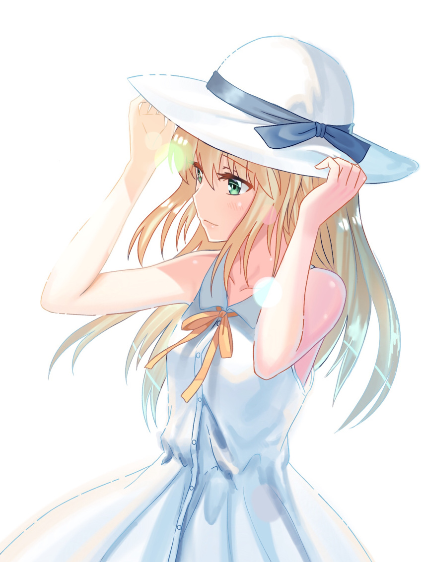 1girl artoria_pendragon_(all) berrykanry blonde_hair dress eyebrows_visible_through_hair fate/stay_night fate_(series) green_eyes grey_ribbon hair_between_eyes hat hat_ribbon highres lens_flare long_hair neck_ribbon pixiv_fate/grand_order_contest_2 ribbon saber simple_background sleeveless sleeveless_dress solo standing sun_hat white_background white_dress white_hat yellow_ribbon