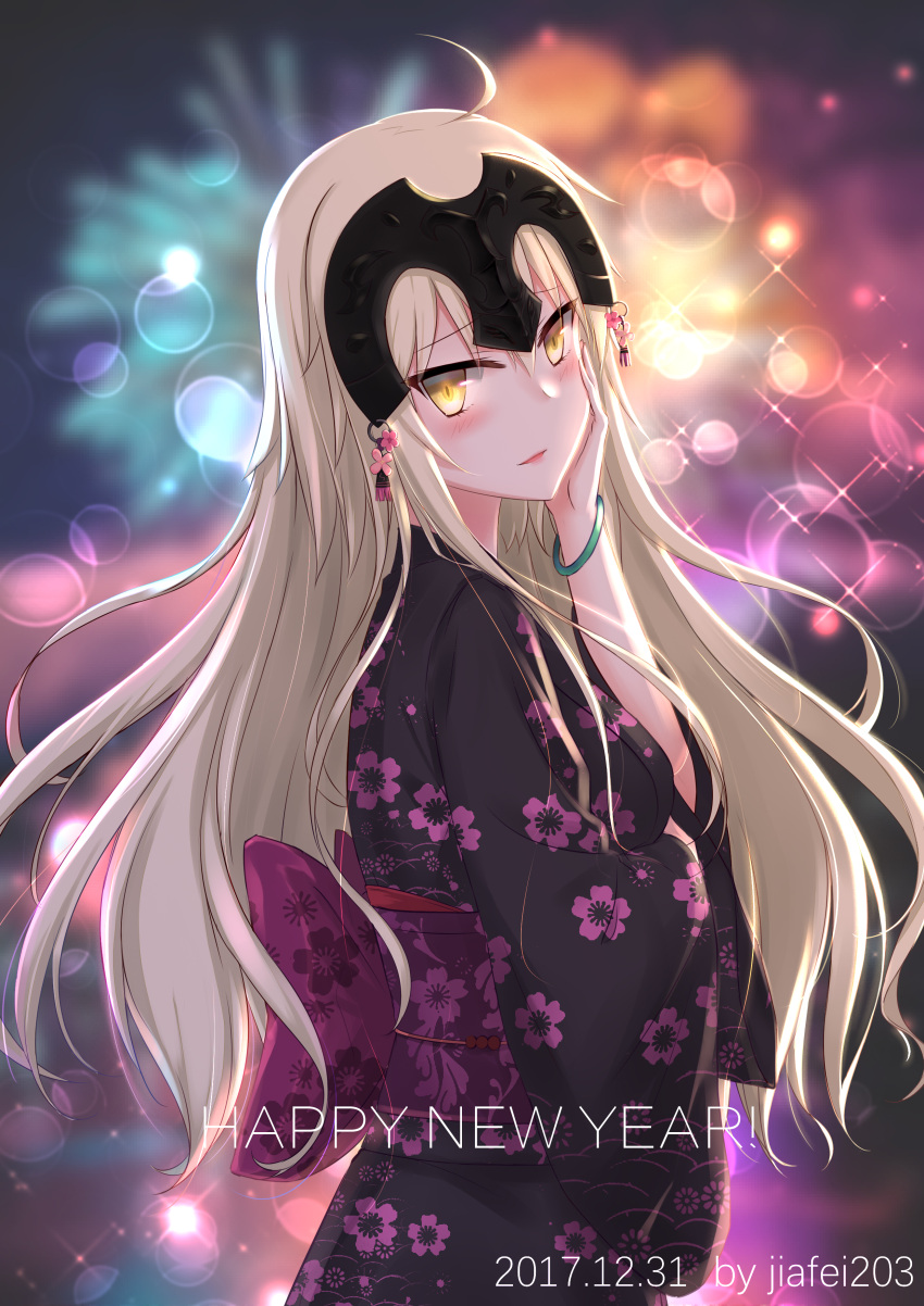 1girl 2017 absurdres ahoge alternate_costume artist_name back_bow black_kimono blonde_hair blurry blurry_background blush bow bracelet dated earrings eyebrows_visible_through_hair fate/grand_order fate_(series) fireworks floating_hair floral_print from_side hand_on_own_cheek headpiece highres japanese_clothes jeanne_d'arc_(alter)_(fate) jeanne_d'arc_(fate)_(all) jewelry jiafei2o3 kimono lens_flare long_hair long_sleeves looking_at_viewer night obi outdoors print_kimono sash solo sparkle standing very_long_hair yellow_eyes