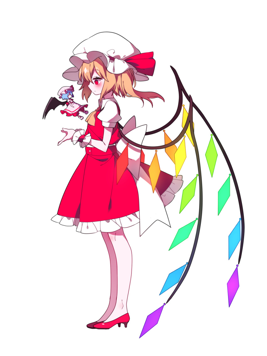 2girls ascot back_bow bat_wings blonde_hair blue_hair bow chibi closed_mouth expressionless flandre_scarlet from_side full_body gla hat hat_ribbon highres legs_together looking_at_another looking_away medium_skirt minigirl mob_cap multiple_girls no_socks one_side_up profile puffy_short_sleeves puffy_sleeves red_eyes red_footwear red_ribbon red_skirt red_vest remilia_scarlet ribbon shirt shoes short_hair short_sleeves siblings sisters skirt standing touhou transparent_background vest white_shirt wings wrist_cuffs