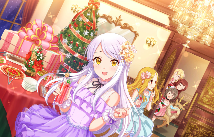 blush brown_eyes christmas dress eve_santaclaus gloves idolmaster idolmaster_cinderella_girls idolmaster_cinderella_girls_starlight_stage long_hair smile white_hair