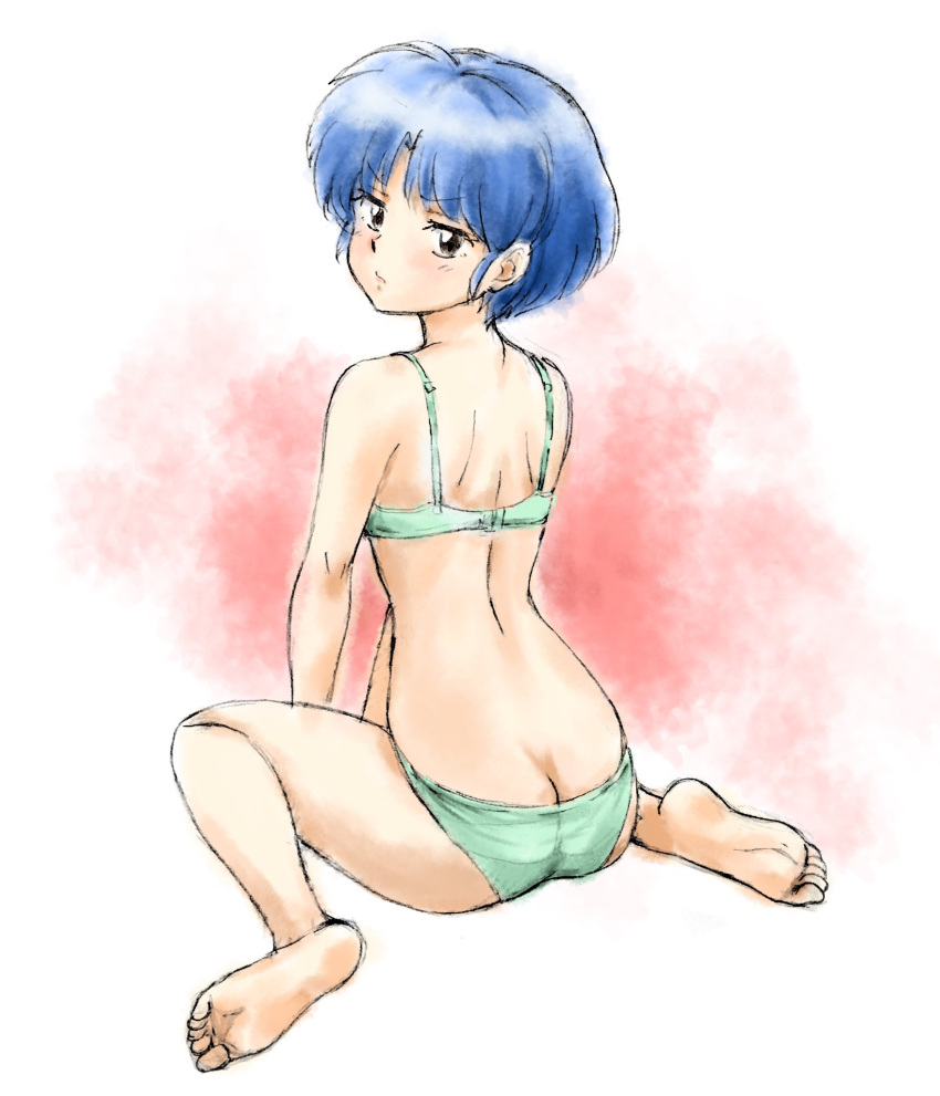 1girl angry ass back bangs barefoot blue_hair bra brown_eyes butt_crack closed_mouth eyebrows_visible_through_hair from_behind frown fuusuke_(fusuke208) glaring green_bra green_panties highres looking_at_viewer looking_back panties ranma_1/2 short_hair sitting soles solo tendou_akane traditional_media underwear underwear_only v-shaped_eyebrows v_arms wariza