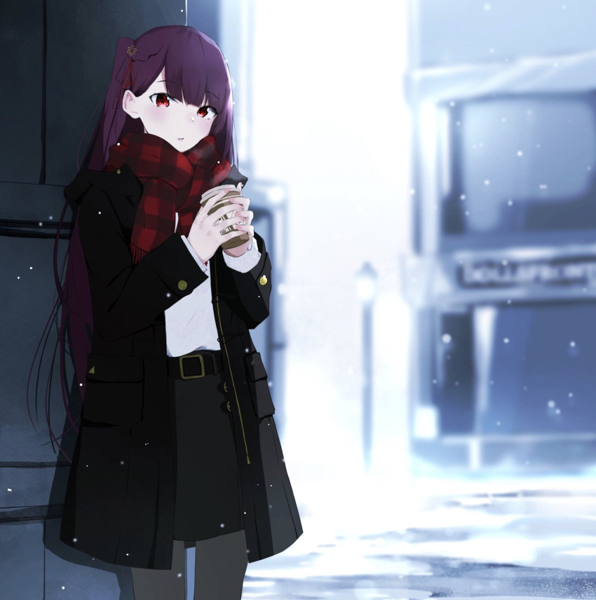 1girl bangs belt black_coat black_skirt blush braid breasts breathing buckle casual cup day eyebrows_visible_through_hair french_braid girls_frontline grey_legwear hair_ornament hair_ribbon highres holding holding_cup ichiki_1 large_breasts long_hair looking_at_viewer one_side_up open_mouth outdoors pantyhose purple_hair red_eyes red_ribbon red_scarf ribbon scarf skirt snow snowflake_hair_ornament snowing solo sweater very_long_hair wa2000_(girls_frontline) white_sweater