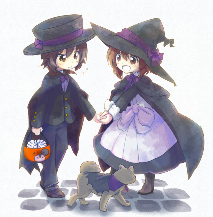 2girls :d alternate_costume animal_print bangs bear_print black_cape black_footwear black_hat black_jacket black_pants blazer blush_stickers boko_(girls_und_panzer) boots bow bowtie bucket cape commentary crossdressinging dog dress fang frown girls_und_panzer halloween halloween_costume hand_holding hat hat_bow hat_ribbon highres holding jacket loafers long_dress long_sleeves looking_at_viewer moro_(like_the_gale!) multiple_girls nishizumi_maho nishizumi_miho open_mouth pants purple_bow purple_dress purple_neckwear purple_ribbon ribbon shiba_inu shoes short_hair simple_background smile standing stone_floor sweatdrop vampire_costume wavy_mouth white_background witch_costume witch_hat