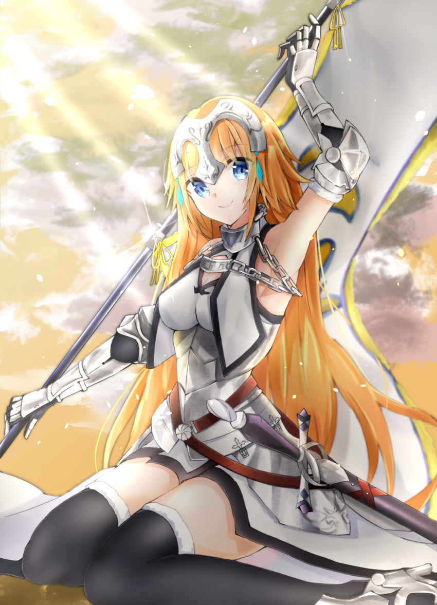 1girl arm_up armor armored_dress armpits banner black_legwear blonde_hair blue_eyes breasts chains cleavage_cutout clouds dress eyebrows_visible_through_hair fate/apocrypha fate_(series) faulds fur-trimmed_legwear fur_trim head_tilt headpiece highres holding jeanne_d'arc_(fate) jeanne_d'arc_(fate)_(all) long_hair looking_at_viewer medium_breasts outdoors sankee sheath sheathed sitting smile solo sunlight sword thigh-highs very_long_hair wariza weapon white_dress