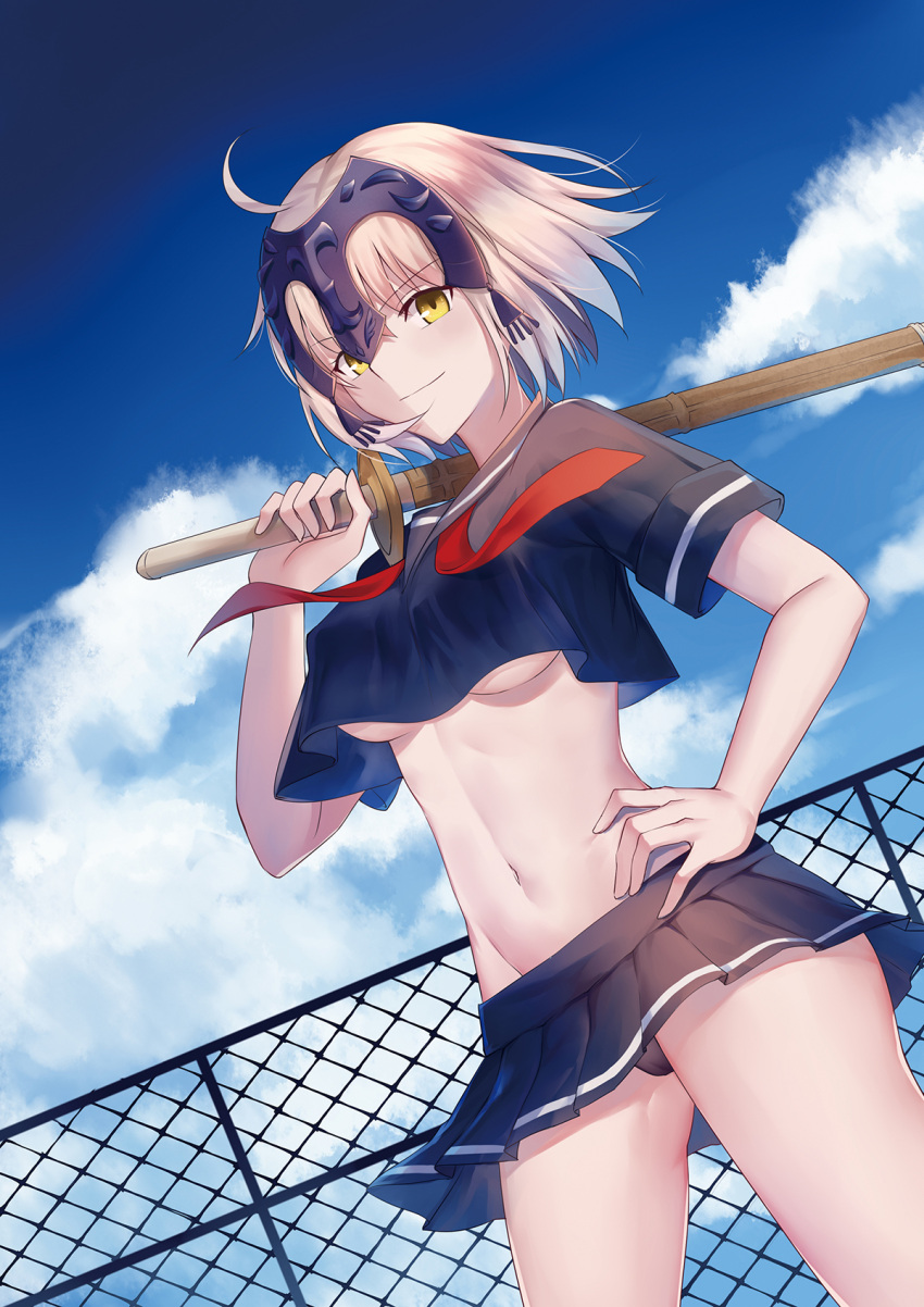 1girl ahoge alternate_costume bangs black_panties black_sailor_collar black_serafuku black_shirt black_skirt blue_sky blush breasts brown_eyes chain-link_fence closed_mouth clouds cloudy_sky commentary_request crop_top day dutch_angle eyebrows_visible_through_hair fate/grand_order fate_(series) fence gogatsu_fukuin groin hair_between_eyes hand_on_hip headpiece highres holding holding_weapon jeanne_d'arc_(alter)_(fate) jeanne_d'arc_(fate)_(all) light_brown_hair looking_at_viewer medium_breasts navel outdoors panties pleated_skirt red_neckwear sailor_collar school_uniform serafuku shinai shirt short_hair short_sleeves skirt sky smile solo sword under_boob underwear weapon