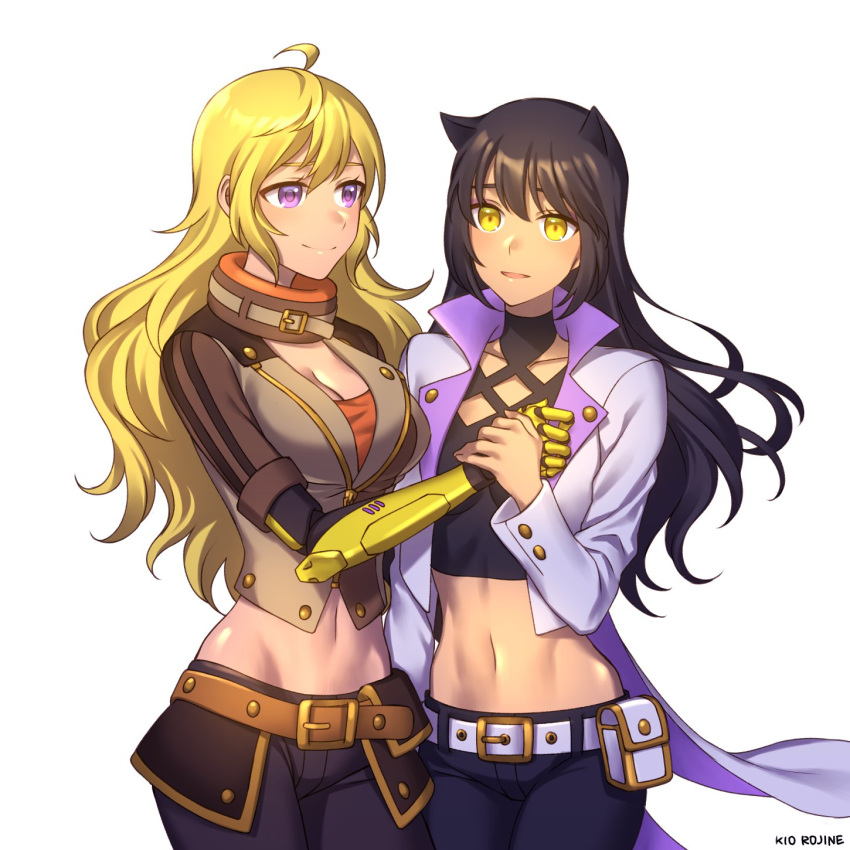 2girls ahoge animal_ears artist_name belt black_hair black_panties blake_belladonna blonde_hair breasts cat_ears cleavage collarbone cowboy_shot crop_top floating_hair highres jacket kio_rojine long_hair long_sleeves medium_breasts midriff multiple_girls navel open_clothes open_jacket panties prosthesis prosthetic_arm rwby shiny shiny_hair simple_background smile standing standing_on_one_leg stomach underwear very_long_hair violet_eyes white_background white_jacket yang_xiao_long yellow_eyes yuri