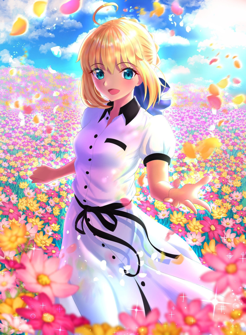 1girl :d ahoge aqua_eyes artoria_pendragon_(all) black_ribbon blonde_hair blue_ribbon blue_sky braided_bun clouds day dress eyebrows_visible_through_hair fate/stay_night fate_(series) field flower flower_field hair_between_eyes hair_ribbon highres long_dress looking_at_viewer open_mouth outdoors petals pink_flower red_flower ria001 ribbon saber short_hair short_sleeves sidelocks sky smile solo standing white_dress yellow_flower yellow_petals