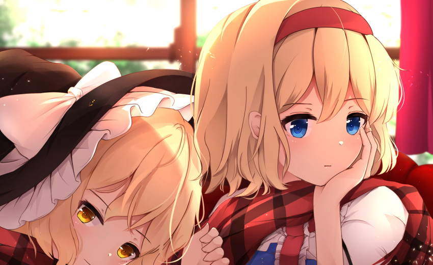 2girls alice_margatroid arm_up blonde_hair blue_dress blue_eyes capelet day dress expressionless eyebrows_visible_through_hair hair_between_eyes hairband hat hat_ribbon head_in_hand head_rest head_tilt highres hunya indoors kirisame_marisa looking_at_viewer multiple_girls plaid plaid_scarf puppet_rings ribbon scarf shared_scarf touhou upper_body white_capelet window witch_hat yellow_eyes