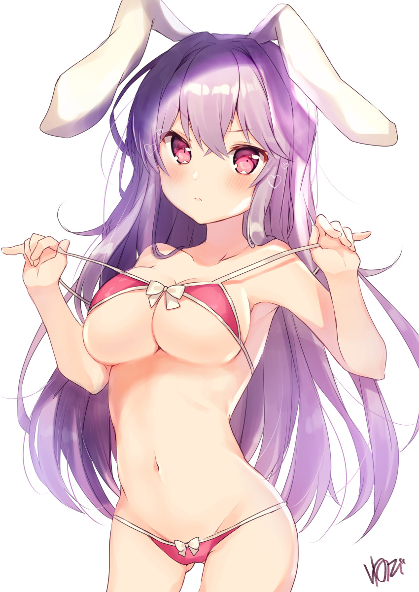 1girl absurdres animal_ears ass_visible_through_thighs bangs bare_arms bare_shoulders bikini bikini_pull blush bow breasts cleavage collarbone cowboy_shot frown heart highres large_breasts long_hair looking_at_viewer navel nenobi_(nenorium) pink_bikini pink_eyes purple_hair rabbit_ears reisen_udongein_inaba signature simple_background solo stomach string_bikini swimsuit touhou under_boob white_background white_bow
