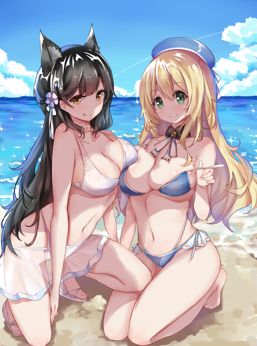 2girls :q absurdres animal_ear_fluff animal_ears atago_(azur_lane) atago_(kantai_collection) azur_lane bangs bare_arms bare_legs bare_shoulders barefoot beach beret bikini black_hair blonde_hair blue_bikini blue_hat blue_sky breast_press breasts brown_eyes cleavage closed_mouth clouds cloudy_sky collarbone commentary day eyebrows_visible_through_hair green_eyes groin hat hat_ribbon highleg highleg_bikini highres horizon kantai_collection kneeling large_breasts long_hair looking_at_viewer mole mole_under_eye multiple_girls navel ocean outdoors ribbon sarong scarlet_dango see-through shadow sidelocks sky slippers smile stomach strap_gap strap_pull swimsuit symmetrical_docking thighs tongue tongue_out very_long_hair water white_bikini white_footwear