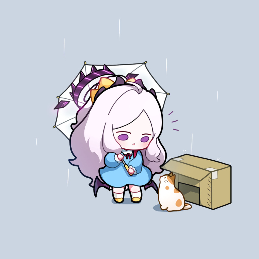1girl ahoge black_wings blue_archive blue_dress box cardboard_box chibi dress grey_background grey_hair halo highres hina_(blue_archive) holding holding_umbrella long_hair long_sleeves looking_at_animal looking_down low_wings neck_ribbon no_nose parted_lips puffy_long_sleeves puffy_sleeves purple_halo rain red_ribbon ribbon simple_background socks standing umbrella uz_(uzru0428) very_long_hair violet_eyes white_socks wings yellow_footwear