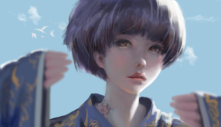 1girl absurdres bangs bird blue_sky blurry chinese cloudy commentary_request day depth_of_field derivative_work eyelashes hands_up highres japanese_clothes kimono lips long_sleeves looking_at_viewer neck_tattoo parted_lips portrait purple_hair purple_kimono qizhu red_lips short_hair sky solo sunlight tattoo wide_sleeves