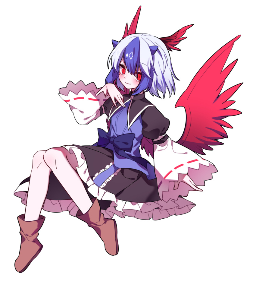 1girl ankle_boots bird_wings black_skirt blue_bow blue_hair blush boots bow brown_footwear closed_mouth frilled_skirt frills full_body gla hand_up head_wings highres horns invisible_chair knees_together_feet_apart long_sleeves looking_at_viewer multicolored_hair puffy_sleeves red_eyes red_wings ribbon-trimmed_sleeves ribbon_trim short_hair single_head_wing sitting skirt slit_pupils smile solo tokiko_(touhou) touhou transparent_background two-tone_hair white_hair wide_sleeves wing_collar wings