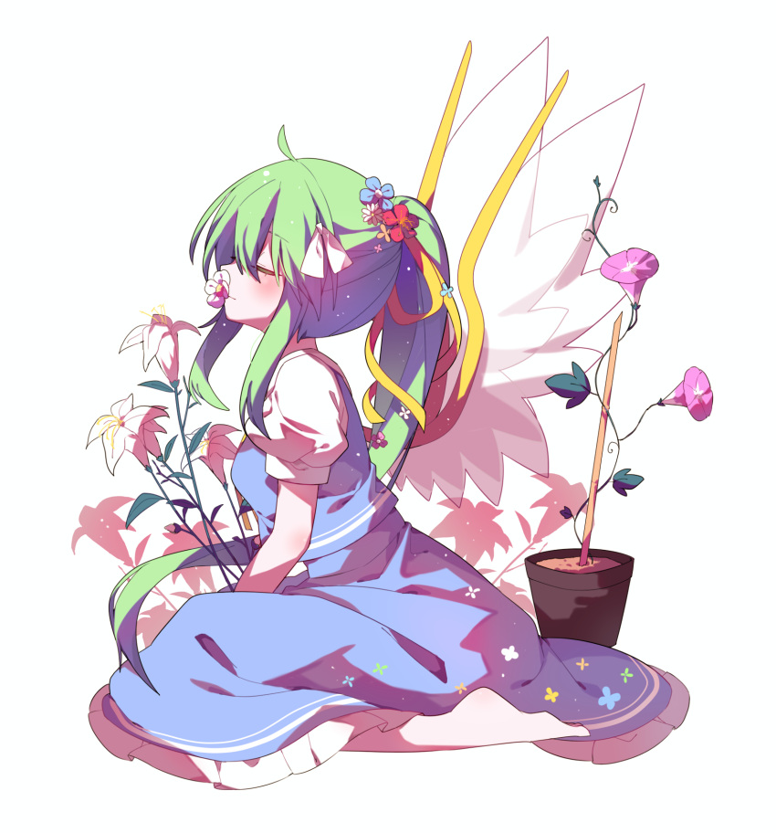 1girl ahoge bangs barefoot blue_skirt blue_vest blush closed_eyes closed_mouth daiyousei fairy_wings flower flower_in_mouth flower_pot from_side full_body gla green_hair hair_between_eyes hair_flower hair_ornament hair_ribbon highres lily_(flower) long_hair morning_glory ponytail profile puffy_short_sleeves puffy_sleeves ribbon shirt short_sleeves sidelocks simple_background sitting skirt skirt_set solo touhou transparent_wings very_long_hair vest white_background white_shirt wings yellow_ribbon