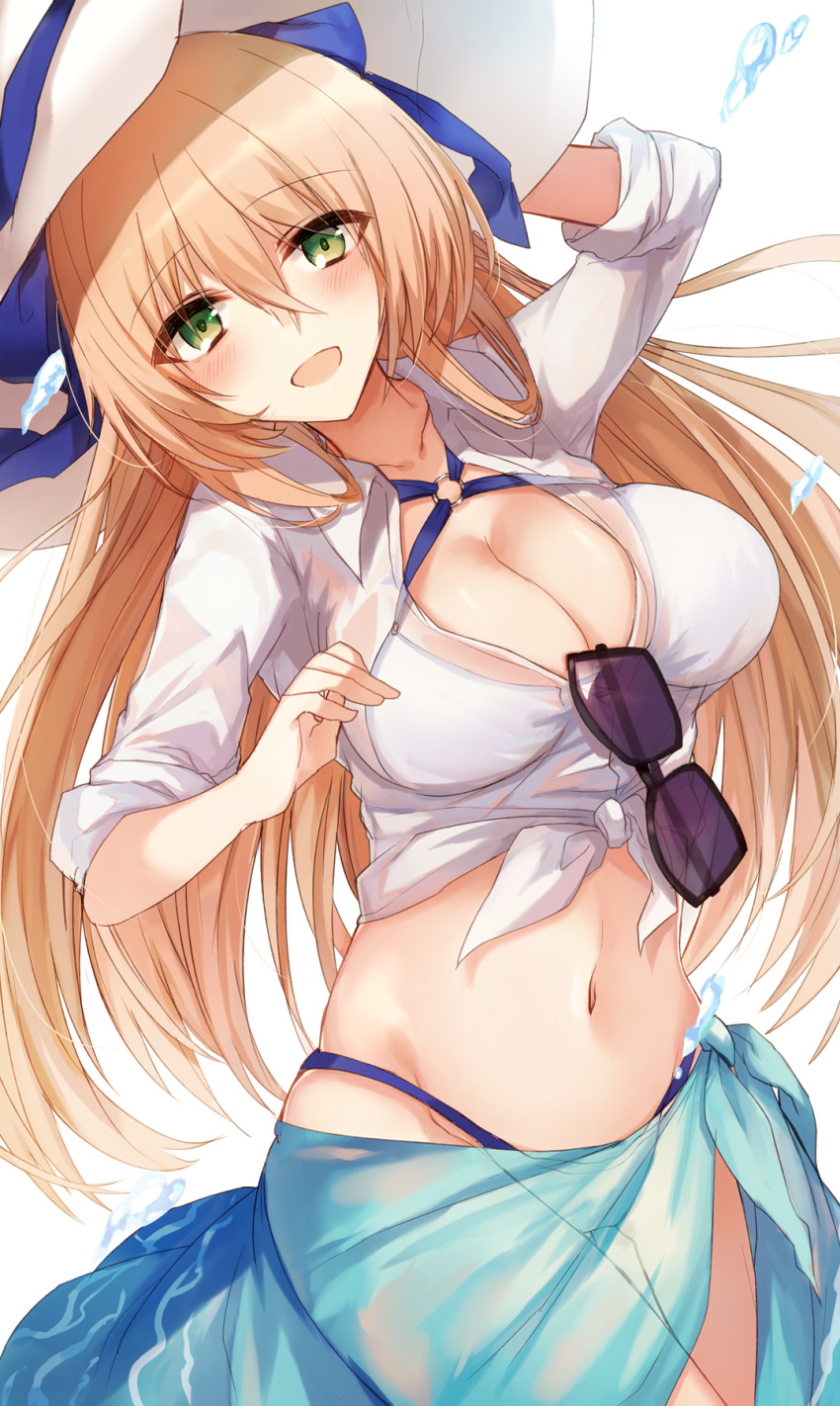 1girl :d arm_up bangs bikini black-framed_eyewear blue_bow blue_sarong blush bow breasts cleavage commentary_request eyebrows_visible_through_hair eyewear_hang eyewear_removed front-tie_top girls_frontline gluteal_fold green_eyes groin hair_between_eyes hat highres kinona large_breasts light_brown_hair long_hair m1903_springfield_(girls_frontline) navel o-ring o-ring_top open_mouth sarong see-through shirt smile solo sun_hat sunlight swimsuit thigh_gap tied_shirt very_long_hair water white_bikini white_hat white_shirt