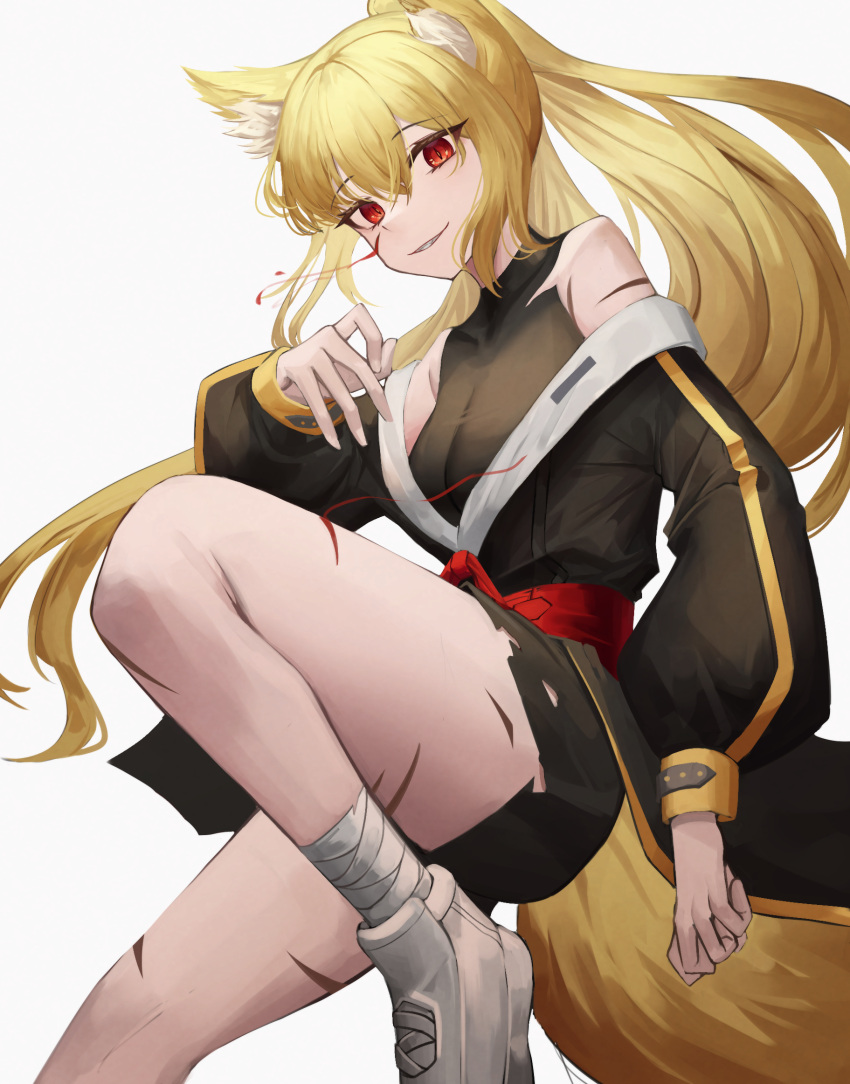 1girl animal_ear_fluff animal_ears bandaged_leg bandages bangs black_jacket black_tank_top blonde_hair blood blood_on_face breasts commission eyebrows_visible_through_hair highres jacket long_hair long_sleeves looking_at_viewer mea_(hwaksal) medium_breasts open_mouth original red_eyes scar shoes smirk sneakers solo tank_top white_background white_footwear