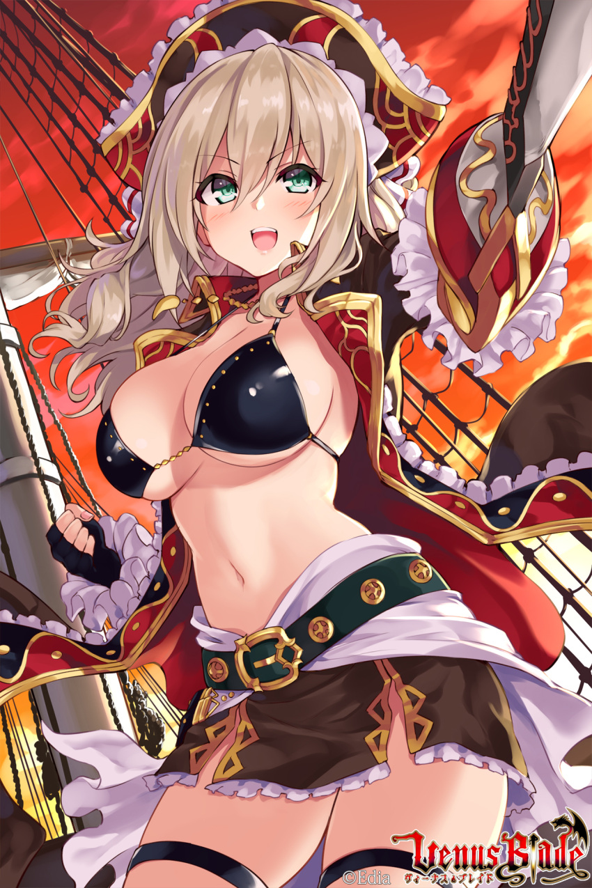 1girl :d bangs black_bikini_top black_jacket blonde_hair blush breasts brown_skirt cleavage copyright_name cowboy_shot cutlass_(sword) eyebrows_visible_through_hair frilled_sleeves frills green_eyes hair_between_eyes hat highres hisenkaede holding holding_sword holding_weapon jacket large_breasts long_hair long_sleeves looking_at_viewer miniskirt navel official_art open_clothes open_jacket open_mouth orange_sky outdoors pelvic_curtain pirate_hat pirate_ship sidelocks skirt sky smile solo standing stomach sword thigh_strap upper_teeth v-shaped_eyebrows venus_blade waist_cape watermark weapon wing_collar
