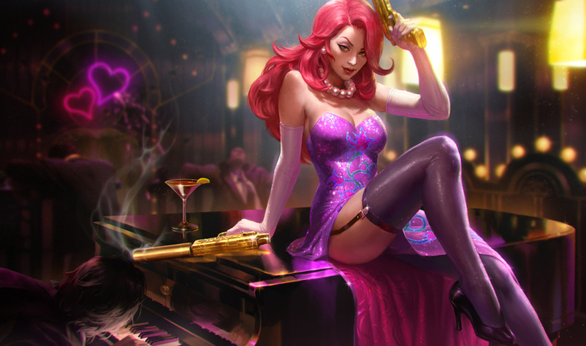 1girl alcohol alternate_costume bar bare_shoulders black_footwear breasts cleavage cocktail_dress cocktail_glass commentary cup death dress drinking_glass dual_wielding elbow_gloves english_commentary eyeshadow garter_straps gloves golden_gun grand_piano green_eyes gun handgun highres holding instrument jewelry kilart league_of_legends leg_up lipstick long_hair looking_at_viewer makeup making_of medium_breasts multiple_boys necklace nose official_art pearl_necklace piano pistol pumps purple_dress purple_legwear redhead sarah_fortune secret_agent_miss_fortune shiny shiny_clothes smoke smoking_gun solo_focus suppressor wavy_hair weapon white_gloves