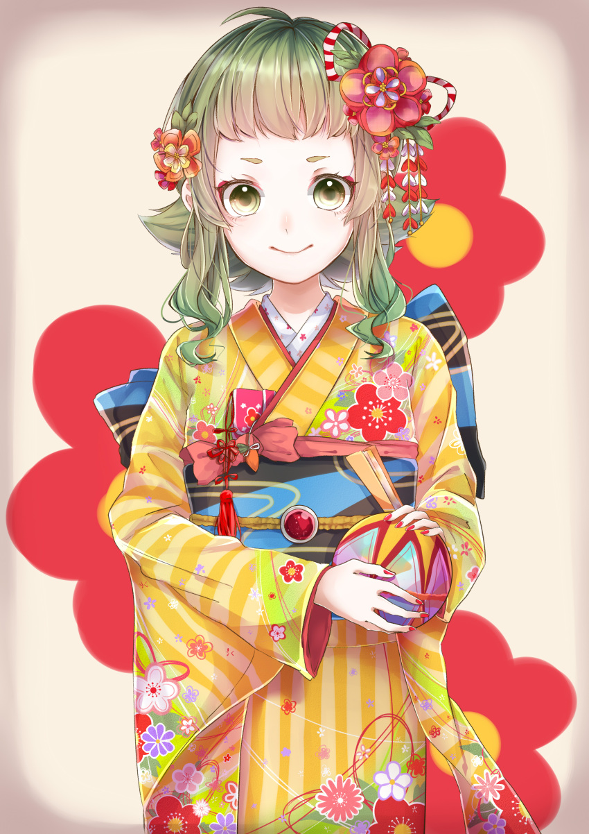 1girl absurdres ahoge ball bangs bow commentary_request floral_background floral_print flower flower_knot green_eyes gumi hair_bow hair_flower hair_ornament highres holding holding_ball japanese_clothes kanzashi kimono long_sleeves mai_mugi nail_polish obi pink_bow red_nails sash short_hair_with_long_locks smile solo striped striped_kimono tassel vocaloid yellow_kimono