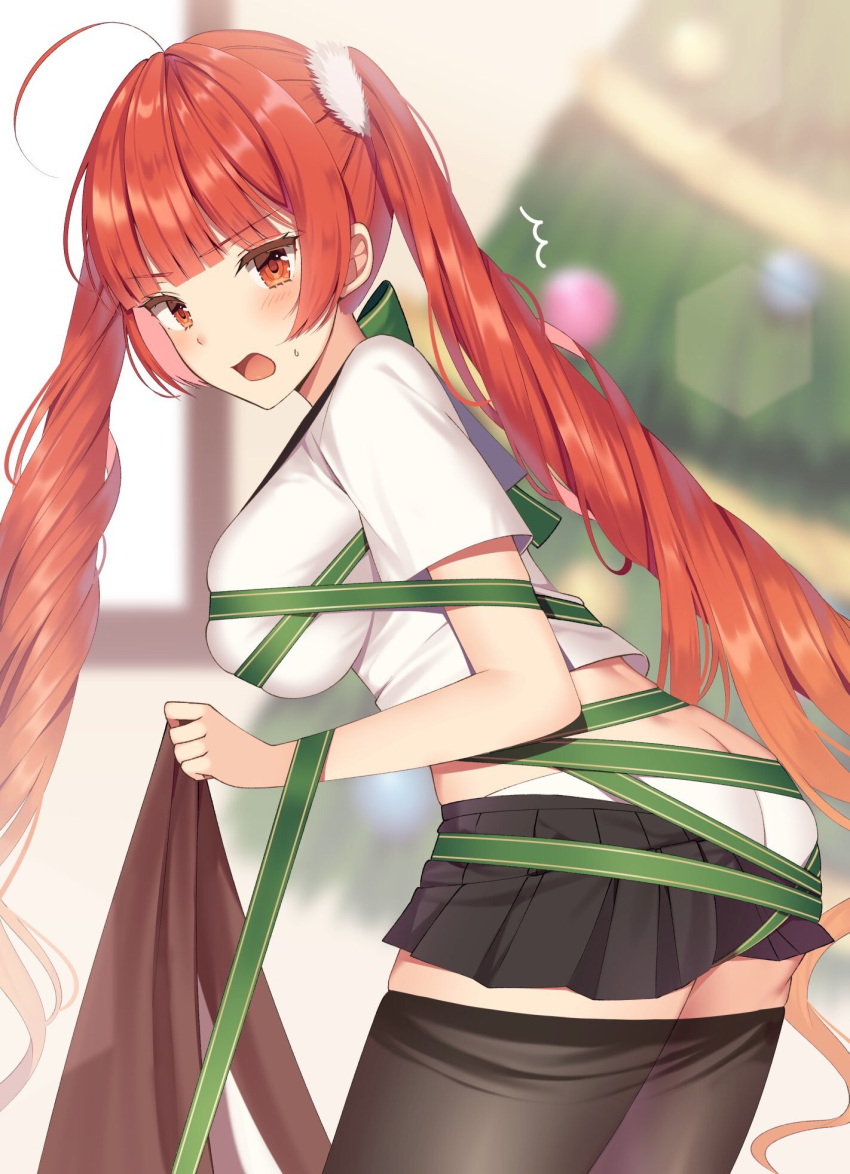 1girl absurdly_long_hair ahoge animal_costume ass azur_lane black_legwear black_skirt blurry blurry_background blush bow butt_crack candy candy_cane christmas christmas_tree eyebrows_visible_through_hair food full-face_blush green_bow green_ribbon highres honolulu_(azur_lane) izumo_neru kneeling long_hair looking_at_viewer mole mole_under_eye open_mouth panties pantyhose pantyhose_pull red_eyes redhead reindeer_costume ribbon skirt snowflakes solo surprised twintails underwear very_long_hair white_panties