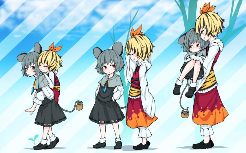2girls :&lt; age_progression animal animal_ears animal_print basket black_footwear black_hair black_skirt blonde_hair blue_background carrying closed_eyes crossed_arms fang_out from_side grey_capelet grey_hair hair_ornament hands_on_hips jakomurashi jewelry long_sleeves mouse mouse_ears mouse_tail multicolored multicolored_clothes multicolored_hair multicolored_skirt multiple_girls nazrin orange_skirt pants pendant piggyback princess_carry red_eyes red_skirt revision shoes short_hair size_difference skirt skirt_set smile standing streaked_hair tail tiger_print toramaru_shou touhou tree white_legwear white_pants wide_sleeves yellow_eyes younger