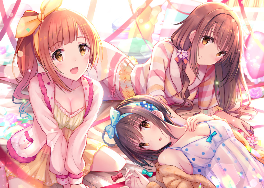 3girls ahoge arm_support bangs bed_sheet black_hair blunt_bangs blush bow breast_press breasts brown_eyes brown_hair casual collarbone commentary_request cushion eyebrows_visible_through_hair hair_bow hair_ornament hair_over_shoulder hair_scrunchie hairband half_updo hand_on_own_chest heart heart_pillow idolmaster idolmaster_cinderella_girls igarashi_kyouko kohinata_miho light_particles long_hair looking_at_viewer lying medium_breasts multiple_girls on_back on_stomach one_side_up open_mouth pillow pink_check_school pink_hairband scrunchie shimamura_uzuki short_hair side_ponytail sitting sleepwear smile striped u_rin