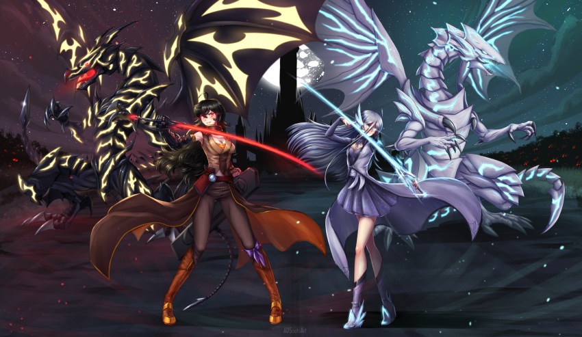 2girls adsouto ahoge asymmetrical_legwear belt black_gloves black_hair black_shorts black_vs_white black_wings blue-eyes_white_dragon blue_eyes blush boots breasts broken_moon brown_footwear brown_jacket buckle claws cleavage commentary commission cropped_jacket crossover dragon dragon_horns dragon_tail dragon_wings dress duel_monster earrings english_commentary eyebrows_visible_through_hair gloves glowing glowing_eyes hair_between_eyes high_collar high_heel_boots high_heels highres holding holding_sword holding_weapon horns jacket jewelry katana knee_boots kneehighs lace lace-trimmed_skirt large_breasts long_hair long_sleeves looking_at_viewer medium_breasts midriff monster moon multiple_girls myrtenaster necklace open_mouth orange_scarf outdoors over-kneehighs pendant petticoat puffy_short_sleeves puffy_sleeves rapier red-eyes_b._dragon red_eyes rwby scar scar_across_eye scarf sharp_teeth shirt short_sleeves shorts skirt smile standing strapless strapless_dress sword tail teeth thigh-highs tiara tubetop very_long_hair waist_cape wavy_hair weapon weiss_schnee white_dress white_footwear white_hair white_wings wide_sleeves wings yang_xiao_long yellow_shirt yu-gi-oh!