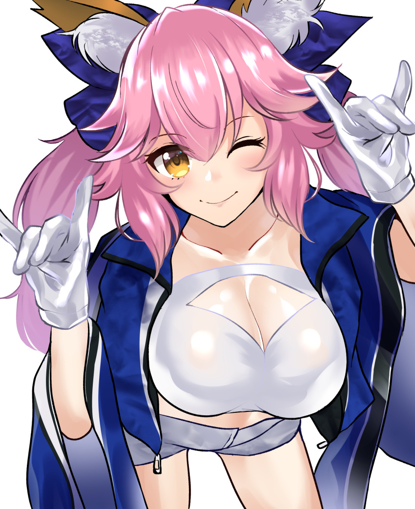 1girl ;) animal_ear_fluff animal_ears bangs blue_robe blush breasts checkered cleavage cleavage_cutout collarbone cowboy_shot eyebrows_visible_through_hair fate/grand_order fate_(series) fox_ears fox_shadow_puppet gloves grey_shorts hair_between_eyes hands_up highres large_breasts leaning_forward long_hair long_sleeves looking_at_viewer one_eye_closed open_clothes open_robe pink_hair robe short_shorts shorts smile solo standing tamamo_(fate)_(all) tamamo_no_mae_(fate) thighs transparent_background twintails volyz white_gloves wide_sleeves yellow_eyes